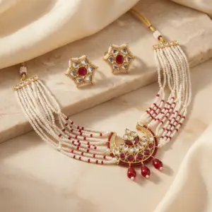 Diva Delight Multi Layer Pearl Choker Necklace Set with Red Stone Kundan Pendant & Earrings | Bridal Imitation Jewellery | Traditional Party Wear Artificial Jewellery for Women