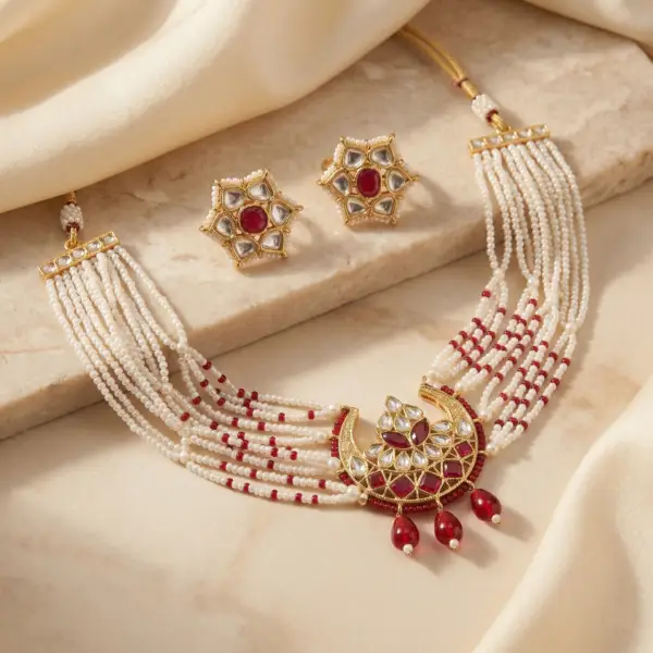 Diva Delight Multi Layer Pearl Choker Necklace Set with Red Stone Kundan Pendant & Earrings | Bridal Imitation Jewellery | Traditional Party Wear Artificial Jewellery for Women