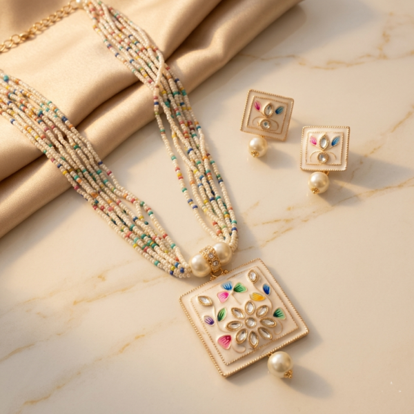Diva Delight Meenakari Square Pendant Necklace Set for Women