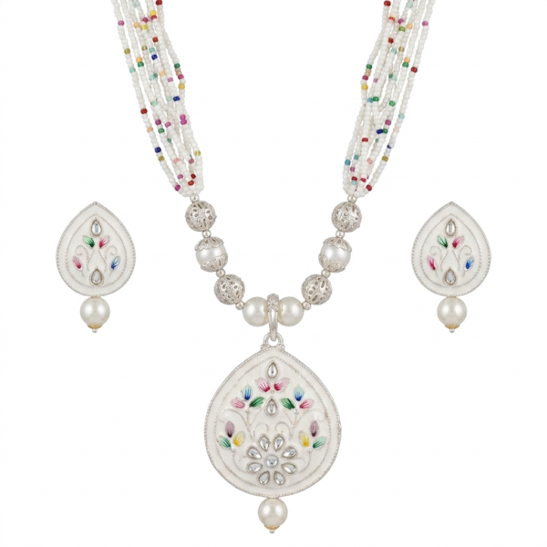 Diva Delight Meenakari Pendant Necklace Set for Women | Silver Tone Multi-Strand Seed Pearl Beads Necklace with Enamel Floral Earrings | Jewellery Set Traditional | Stone Jewellery Set