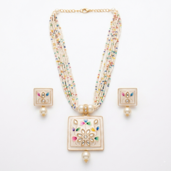 Diva Delight Meenakari Square Pendant Necklace Set for Women