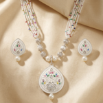 Diva Delight Meenakari Pendant Necklace Set for Women | Silver Tone Multi-Strand Seed Pearl Beads Necklace with Enamel Floral Earrings