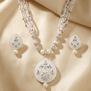 Diva Delight Meenakari Pendant Necklace Set for Women | Silver Tone Multi-Strand Seed Pearl Beads Necklace with Enamel Floral Earrings