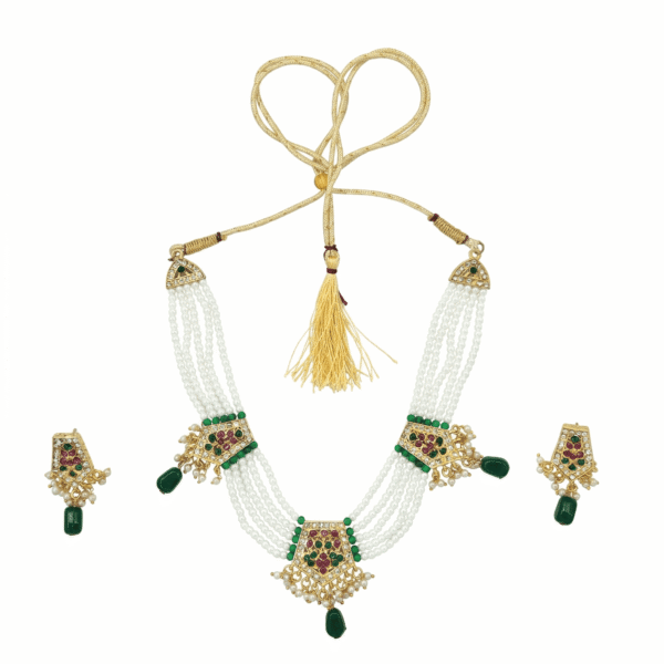 Diva Delight Multi Layer Pearl Necklace Set with Green & Red Stone Pendant and Earrings | Traditional Bridal Imitation Jewellery | Party Wear Artificial Jewellery for Women