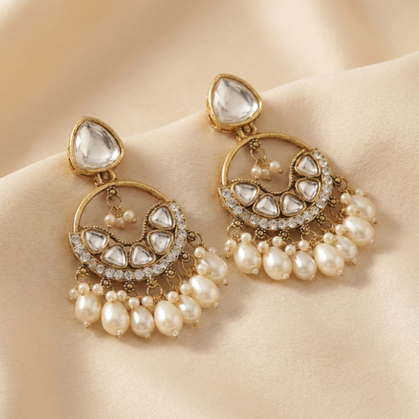 Diva Delight Gold-Plated Kundan & Pearl Chandbali Earrings for Women | Elegant Imitation Jewellery | Party Wear & Wedding Wear Statement Earrings
