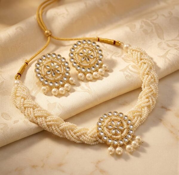 Diva Delight Multi Layer Pearl Choker Necklace Set with Kundan Floral Pendant & Earrings | Bridal Imitation Jewellery | Traditional Party Wear Artificial Jewellery for Women