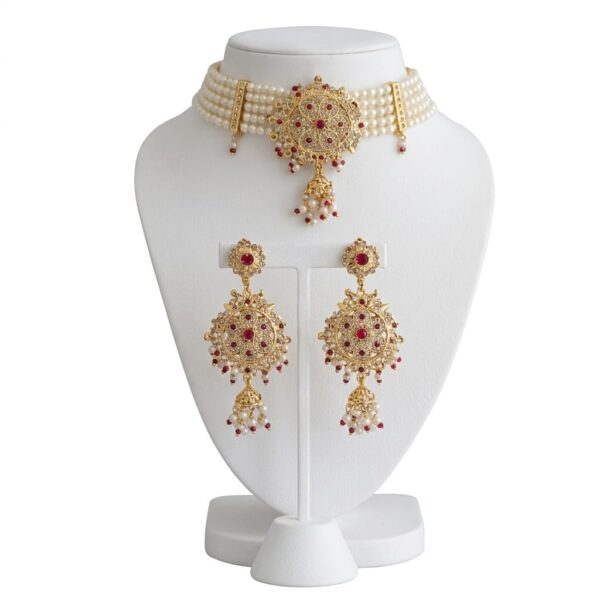 Diva Delight Multi Layer Pearl Choker Necklace Set with Red Stone Kundan Pendant & Earrings | Bridal Imitation Jewellery | Traditional Party Wear Artificial Jewellery for Women