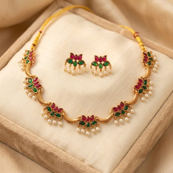 Diva Delight Gold Plated Floral Necklace Set with Red & Green Stones and Earrings | Traditional Imitation Jewellery