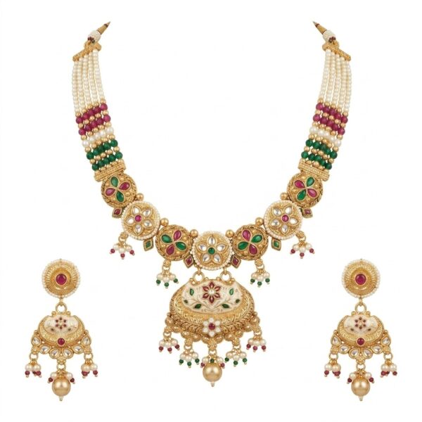 Kundan Choker Necklace Set for Women with Pearl Beads & Meenakari Work