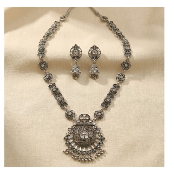 Diva Delight Oxidised Silver Long Necklace Set with Pendant & Jhumka Earrings | Traditional Temple Imitation Jewellery | Boho Ethnic Artificial Jewellery Set for Women