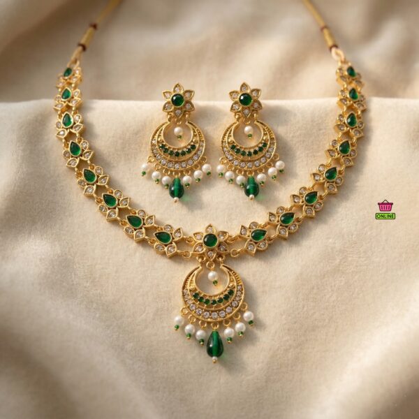 Diva Delight Green Stone Necklace Set with Earrings | Gold Plated Traditional Imitation Jewellery | Party Wear & Festive Artificial Jewellery for Women