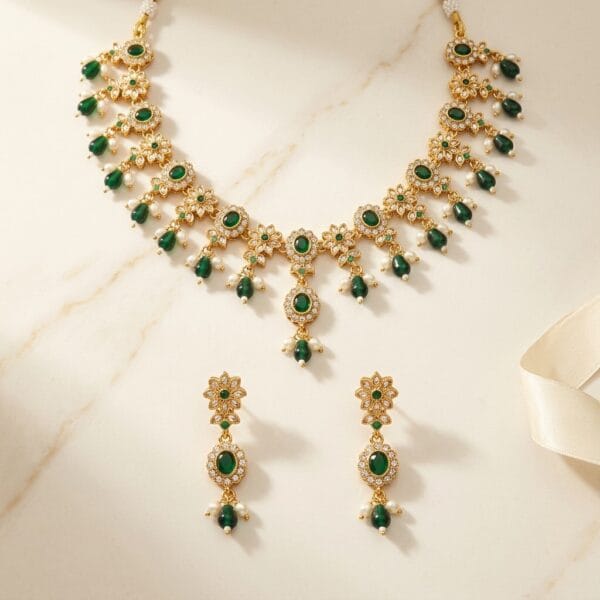 Gold Plated Emerald Green Stone Necklace Set with Earrings