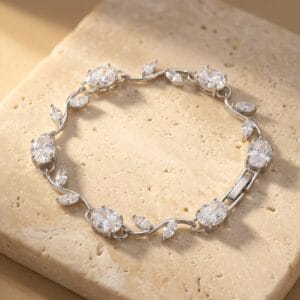 silver plated cubic zirconia vine bracelet with oval cut stones and leaf design for women