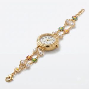 Gold plated pearl floral bracelet watch for women with double chain and daisy charms - Diva Delight