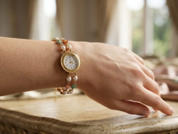 Gold plated pearl floral bracelet watch for women with double chain and daisy charms